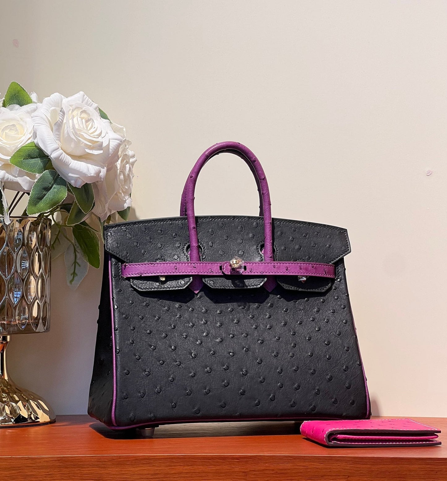 HERMES KELLY SELLIER 25 BAG IN BLACK MIX ORCHID PURPLE OSTRICH LEATHER