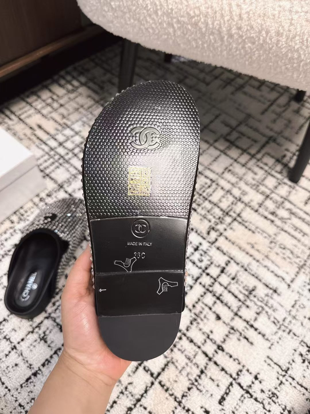 CHANEL FLAT MULE IN BLACK SUEDE WITH CRYSTALS