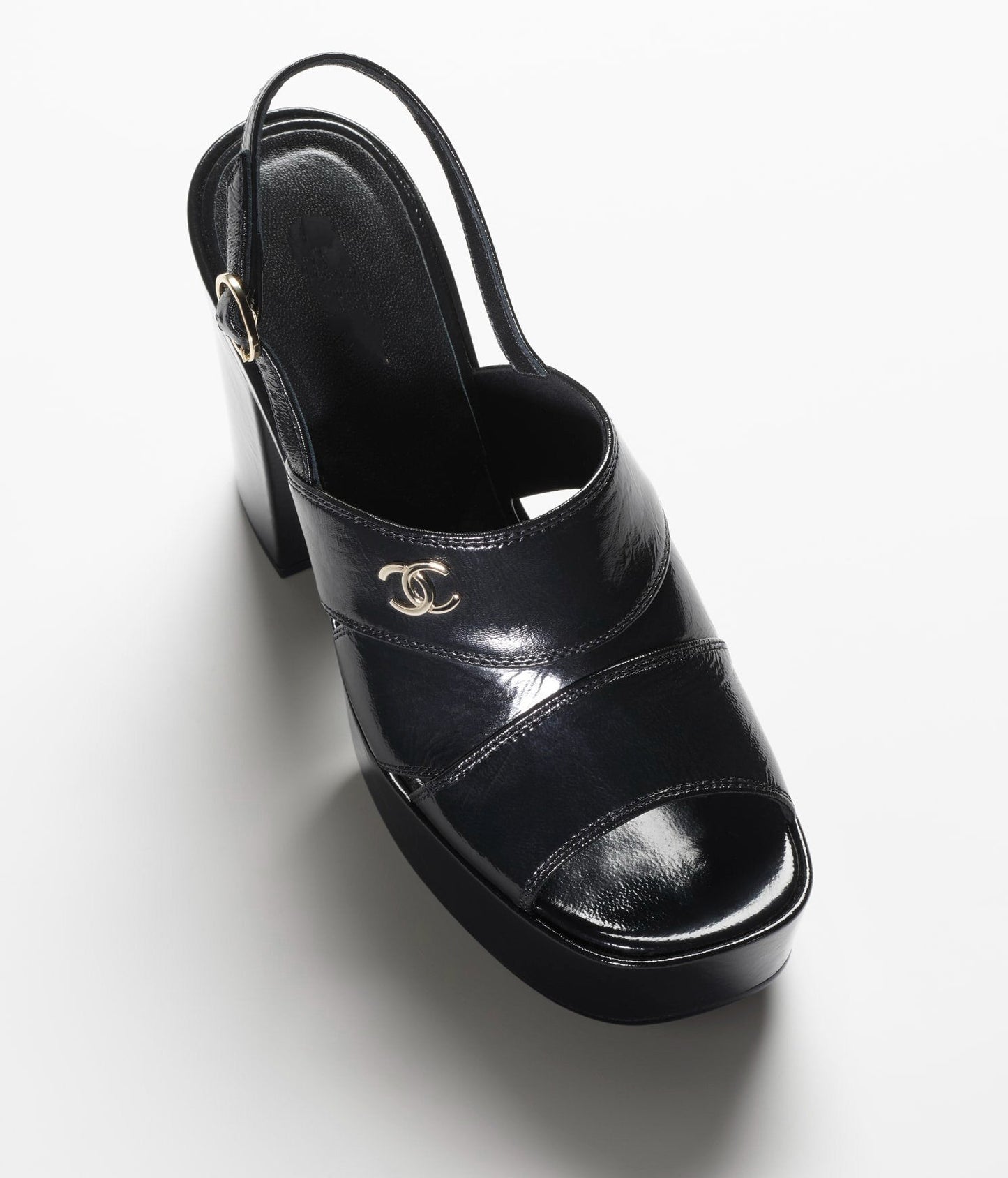 CHANEL SANDALS BLACK PATENT CRUMPLED LAMBSKIN