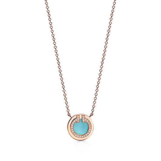 18K Tiffany Diamond & Turquoise Circle Pendant Necklace