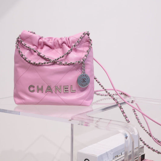 CHANEL HOBO BAG 22 PINK LAMBSKIN SILVER HARDWARE 20CM