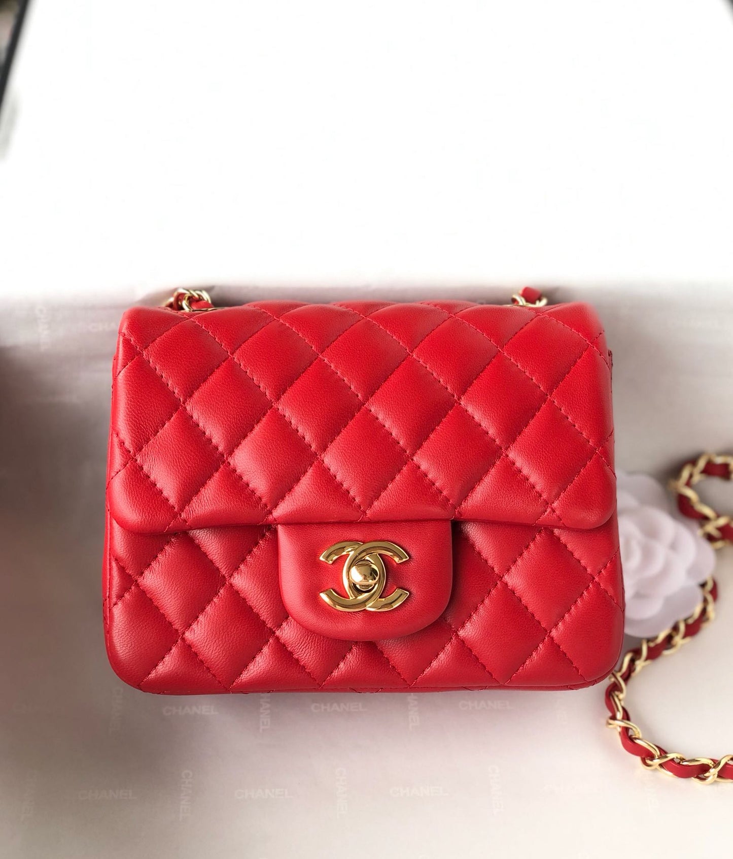 CHANEL MINI SQUARE FLAP BAG 17CM RED LAMBSKIN GOLD HARDWARE