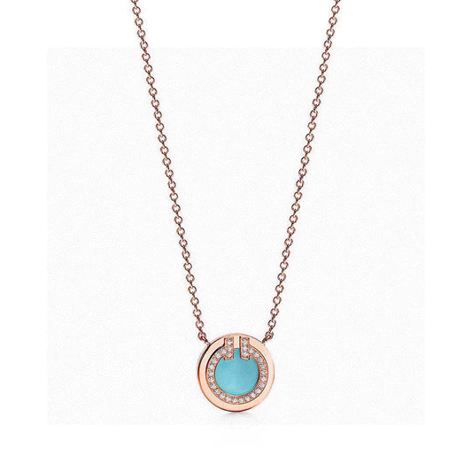 18K Tiffany Diamond & Turquoise Circle Pendant Necklace