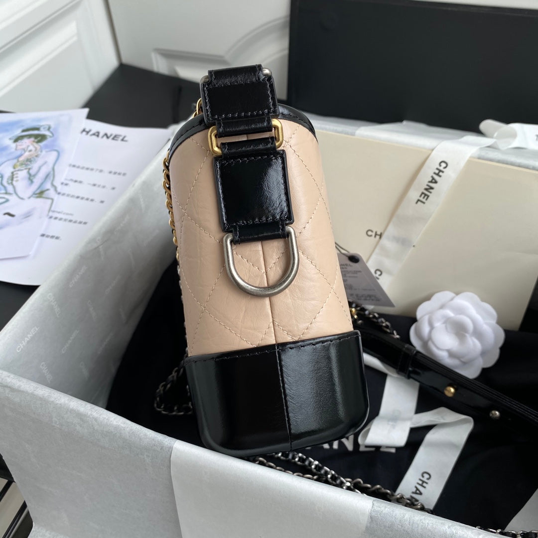 CHANEL GABRIELLE MINI 20 HOBO BAG IN ALMOND BEIGE MIX BLACK CALFSKIN