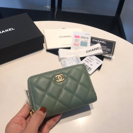 CHANEL ZIPPED CAVIAR PURSE 11 TURQUOISE CALFSKIN GOLD ICON