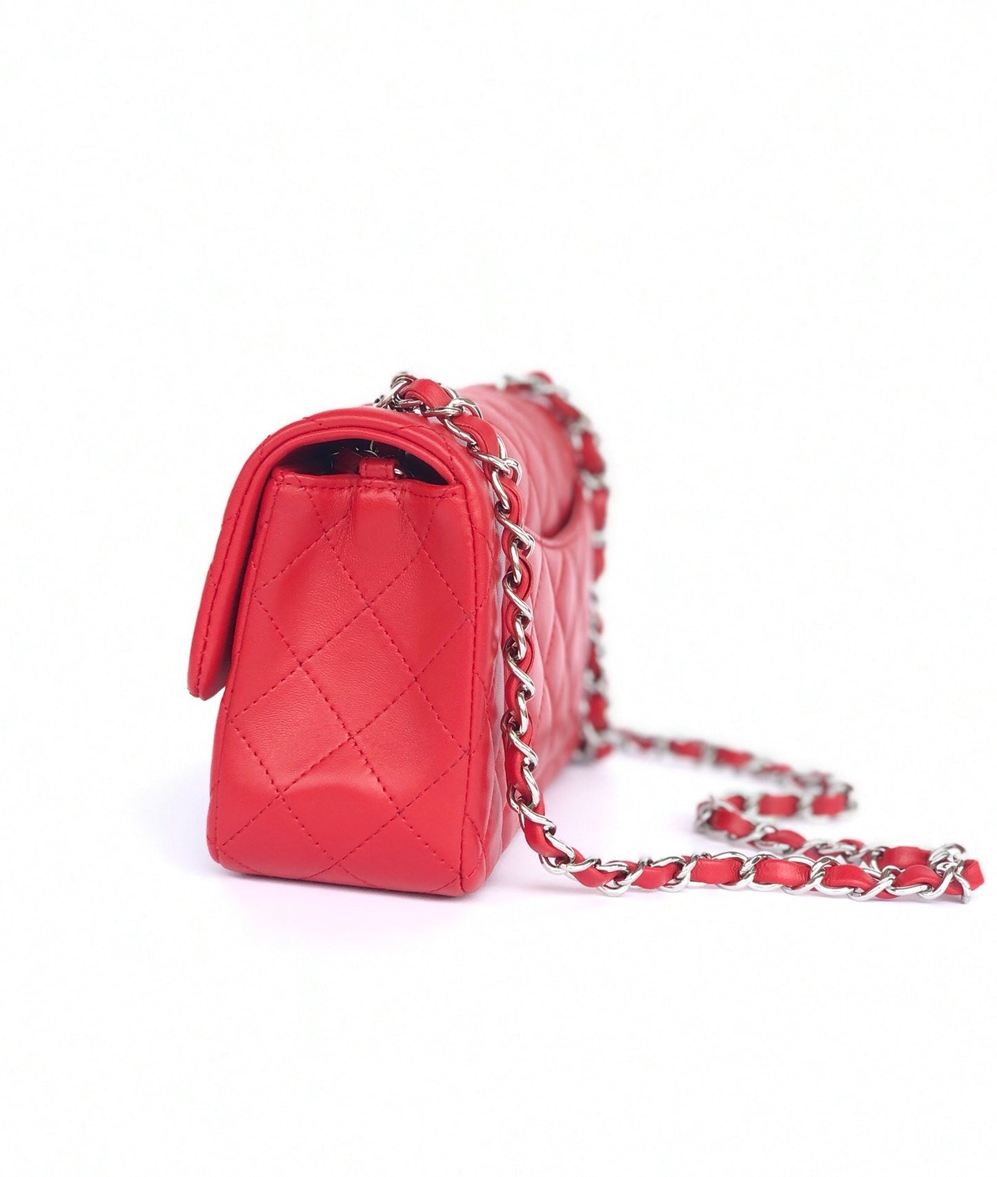 CHANEL MINI RECTANGLE FLAP BAG 20CM RED LAMBSKIN SILVER HARDWARE
