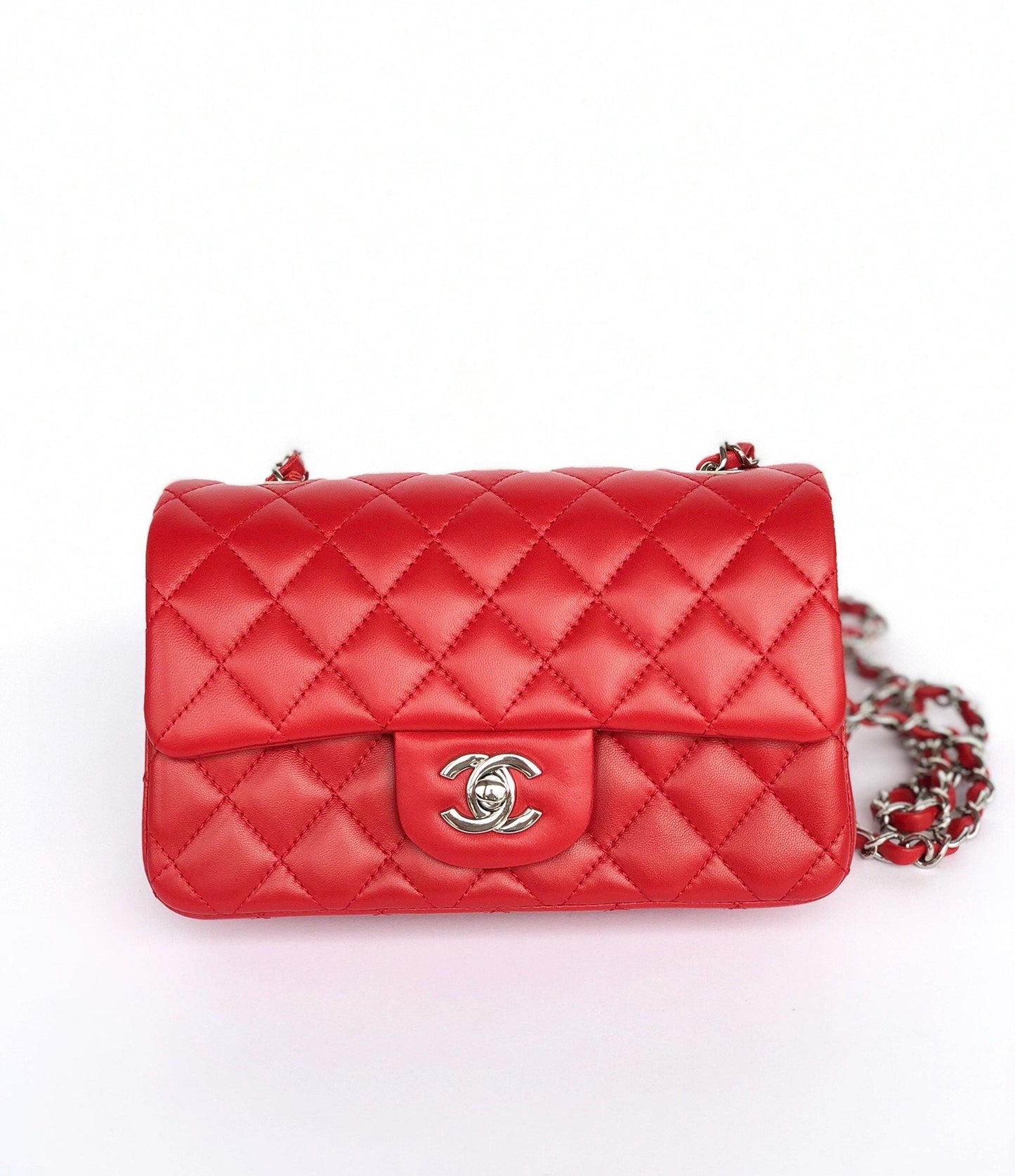 CHANEL MINI RECTANGLE FLAP BAG 20CM RED LAMBSKIN SILVER HARDWARE