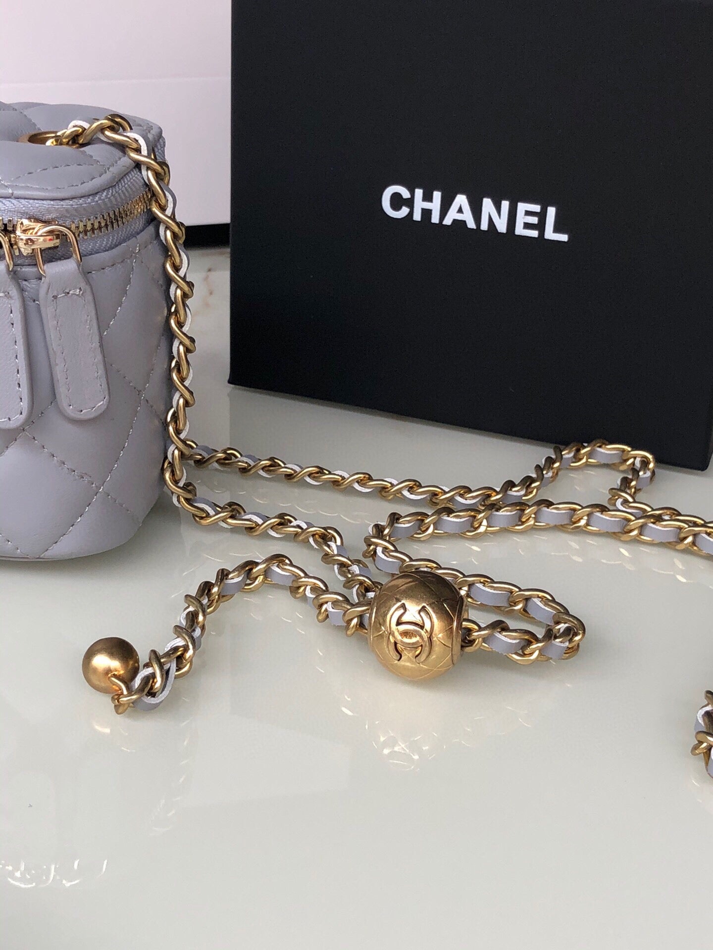 CHANEL MINI 11 VANITY CHAIN IN LIGHT GREY CALFSKIN GOLD HARDWARE