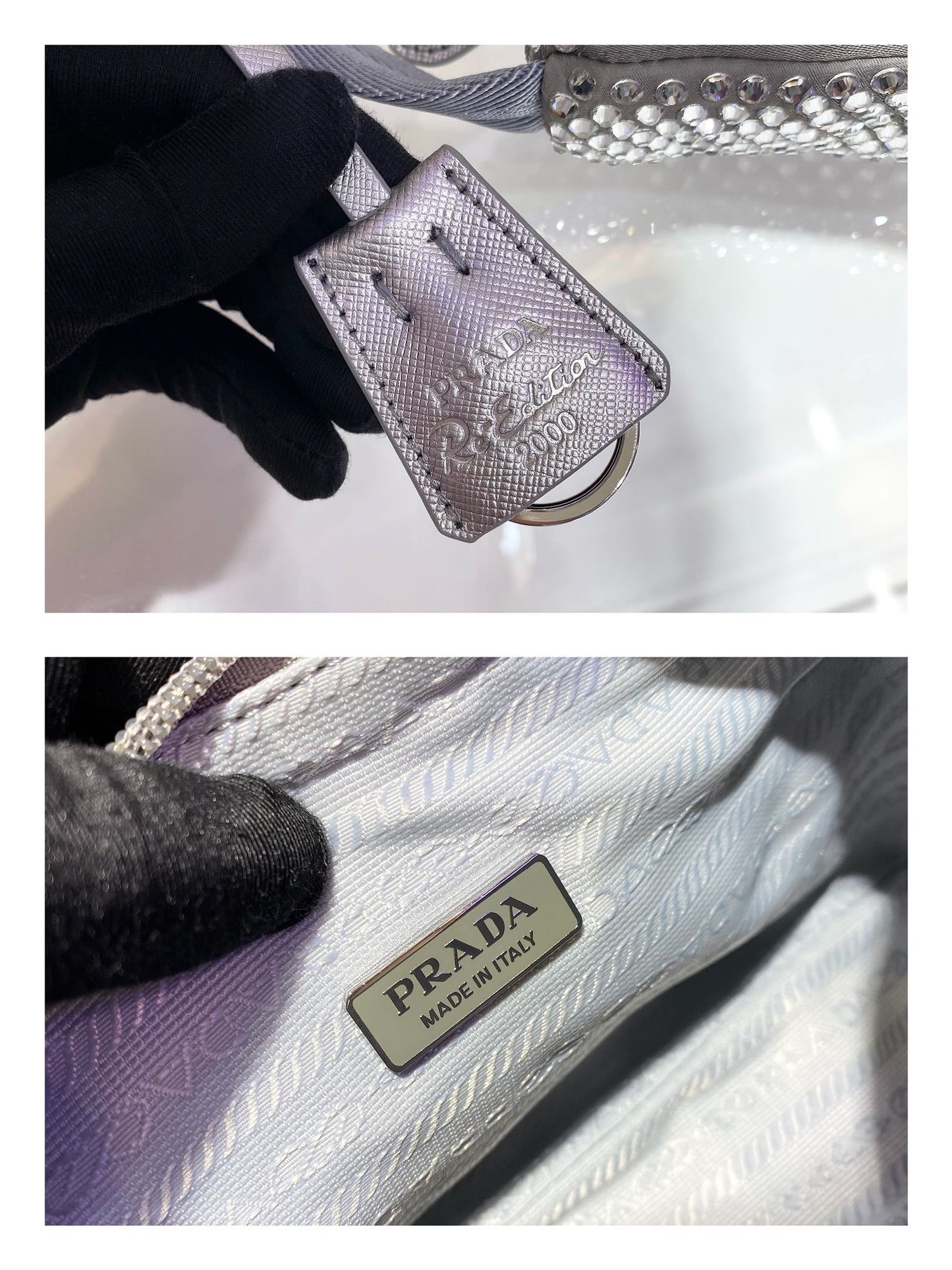 PRADA SPARKLING HOBO BAG 23 IN SILVER NYLON ATTACHED FULLY CRYSTALS
