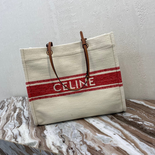 CELINE CANVAS TOTE 43 WHITE/RED DENIM