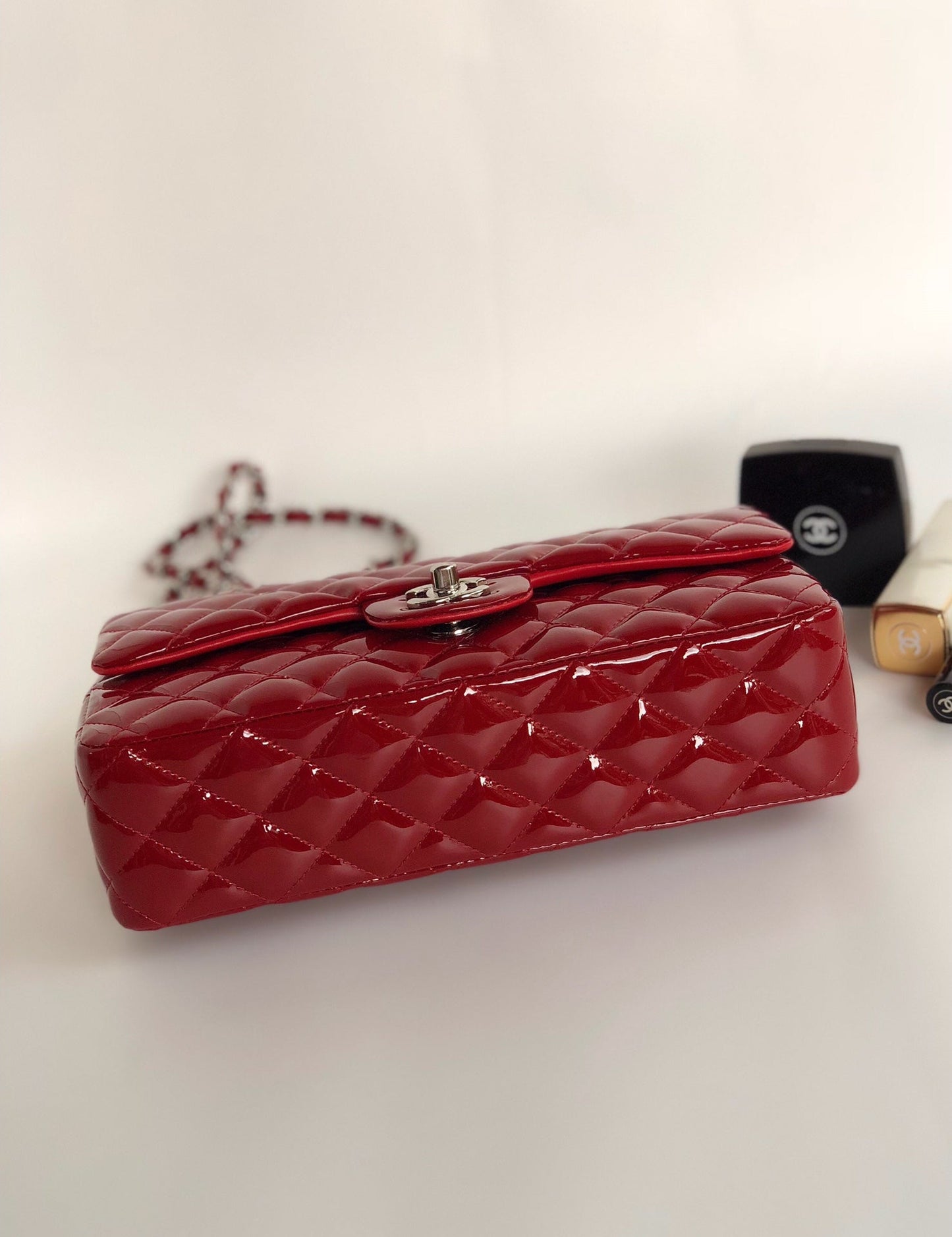 CHANEL FLAP BAG MEDIUM 25CM RED PATENT CALFSKIN SILVER HARDWARE