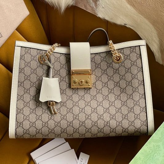 GUCCI PADLOCK LARGE 35 SHOULDER BAG BEIGE CANVAS AND WHITE CALFSKIN
