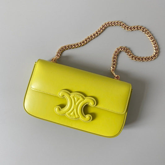 CELINE 20 CHAIN EMBOSSED ARMPIT BAG CHARTREUSE YELLOW CALFSKIN
