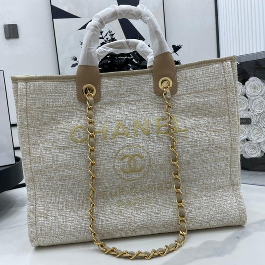 CHANEL DEAUVILLE LARGE 38 TOTE BAG IN BEIGE CANVAS GOLD HARDWARE