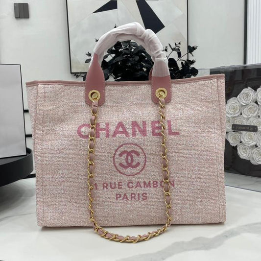 CHANEL DEAUVILLE LARGE 38 TOTE BAG IN LIGHT PINK CANVAS GOLD HARDWARE