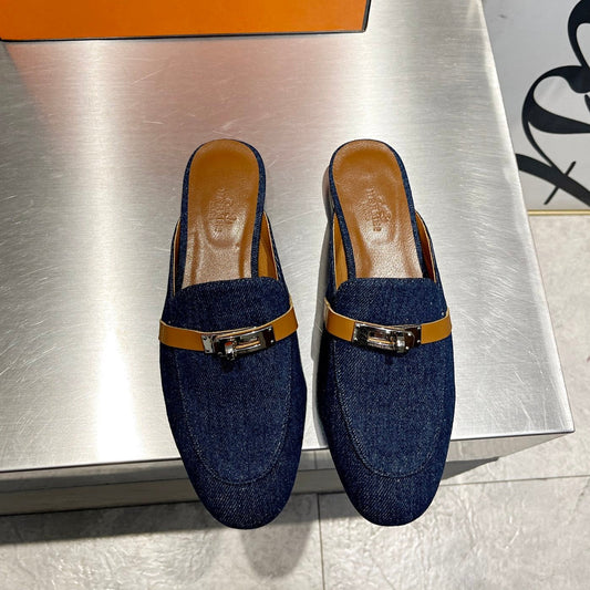 HERMES 0Z MULE TAWNY AND DENIM CALFSKIN