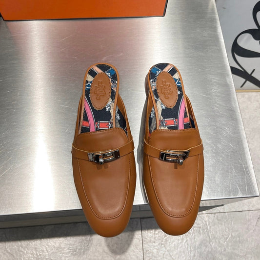 HERMES 0Z MULE CARAMEL CALFSKIN WITH BLACK PATTERN