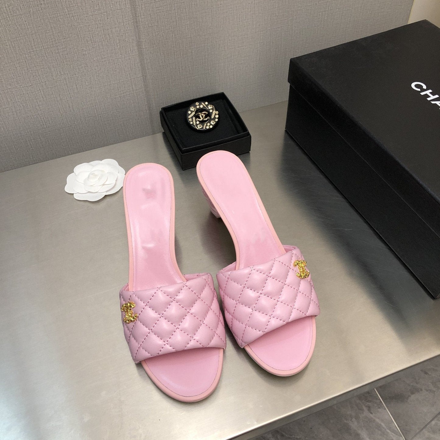 CHANEL rev cone heel mule slide sandal pink quilted lambskin 6cm