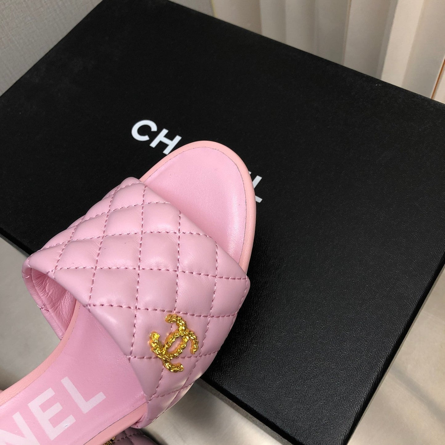 CHANEL rev cone heel mule slide sandal pink quilted lambskin 6cm