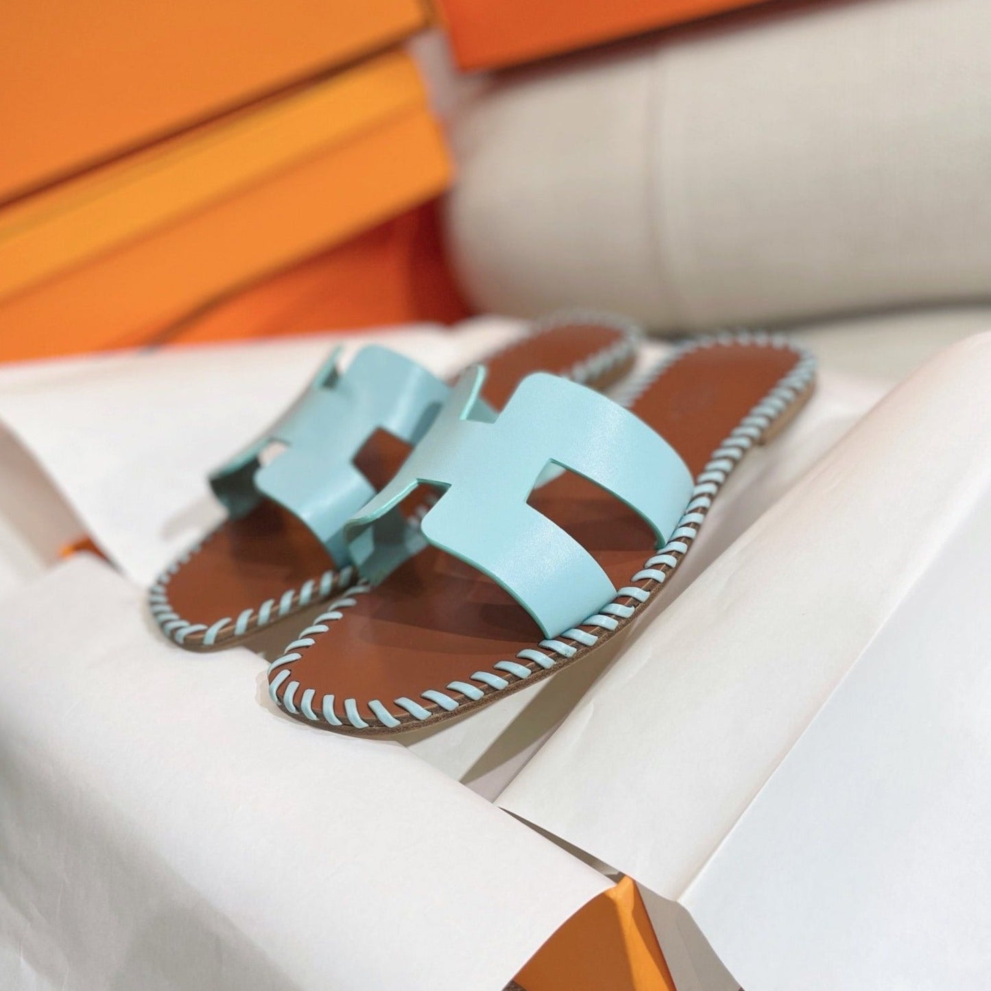 HERMES 0RAN SANDAL Braided Calfskin BLUE SKY