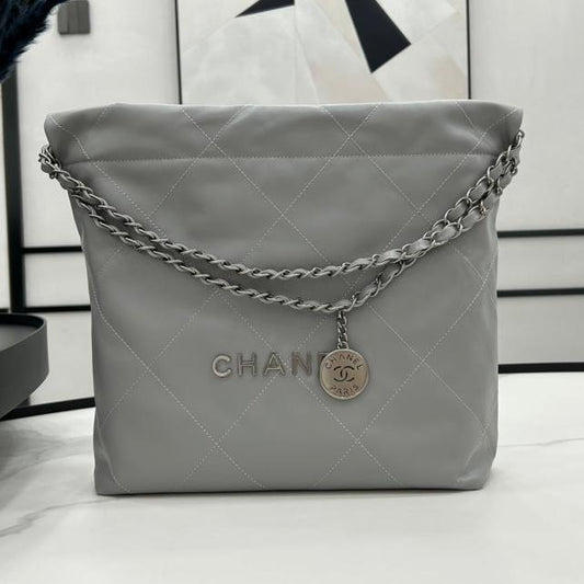 CHANEL MEDIUM 37 HANDBAG IN GREY CALFSKIN SILVER HARDWARE