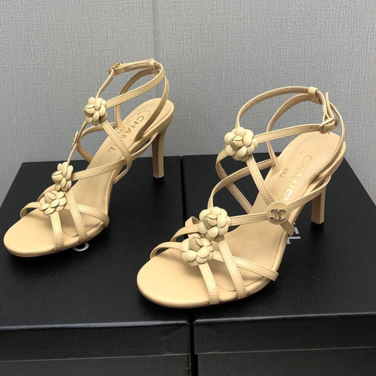 CHANEL FLORAL HIGH HEEL SANDAL IN SAND YELLOW LAMBSKIN