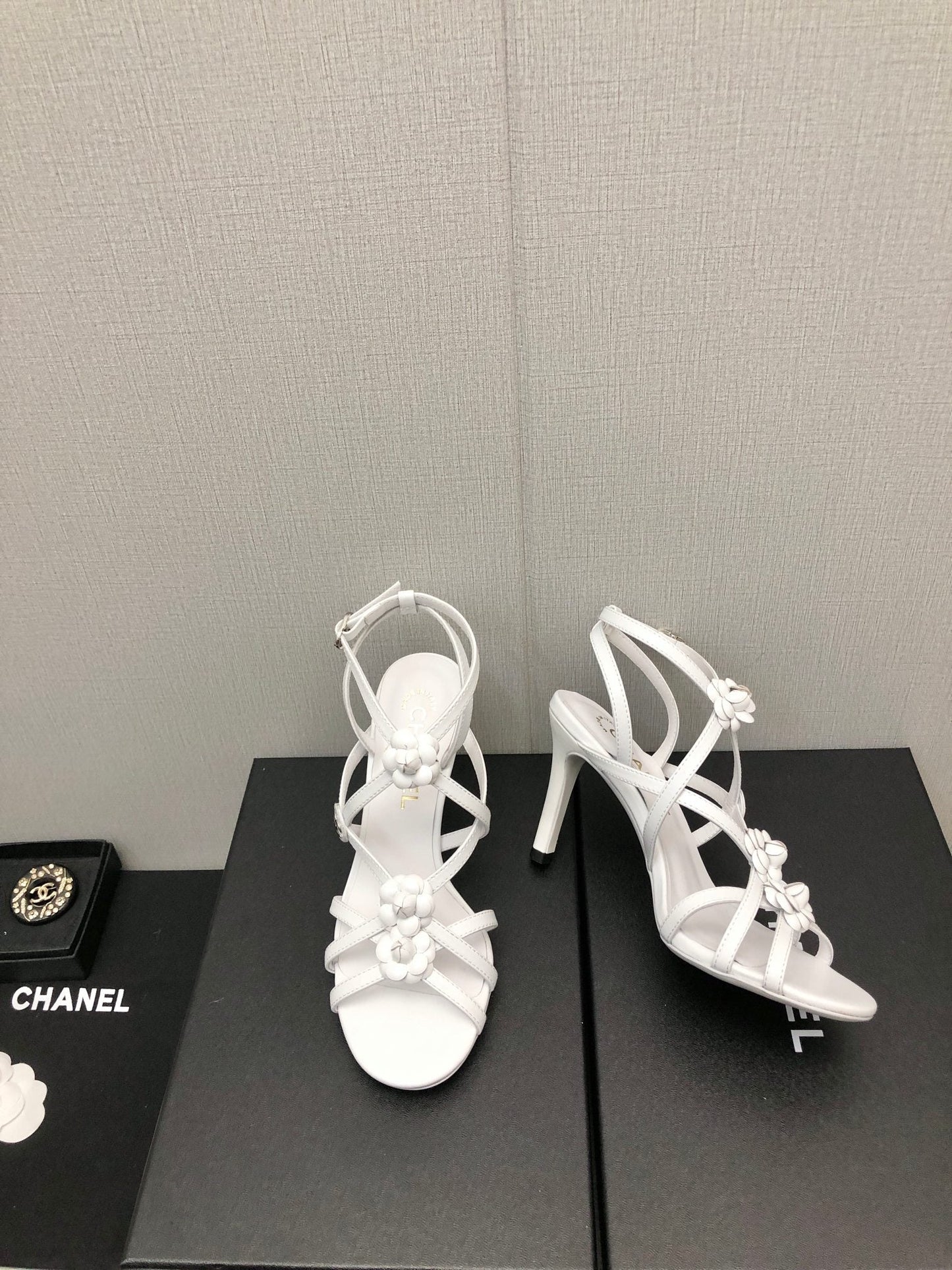 CHANEL FLORAL HIGH HEEL SANDAL IN WHITE LAMBSKIN