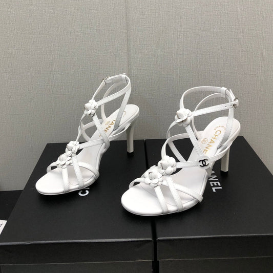 CHANEL FLORAL HIGH HEEL SANDAL IN WHITE LAMBSKIN