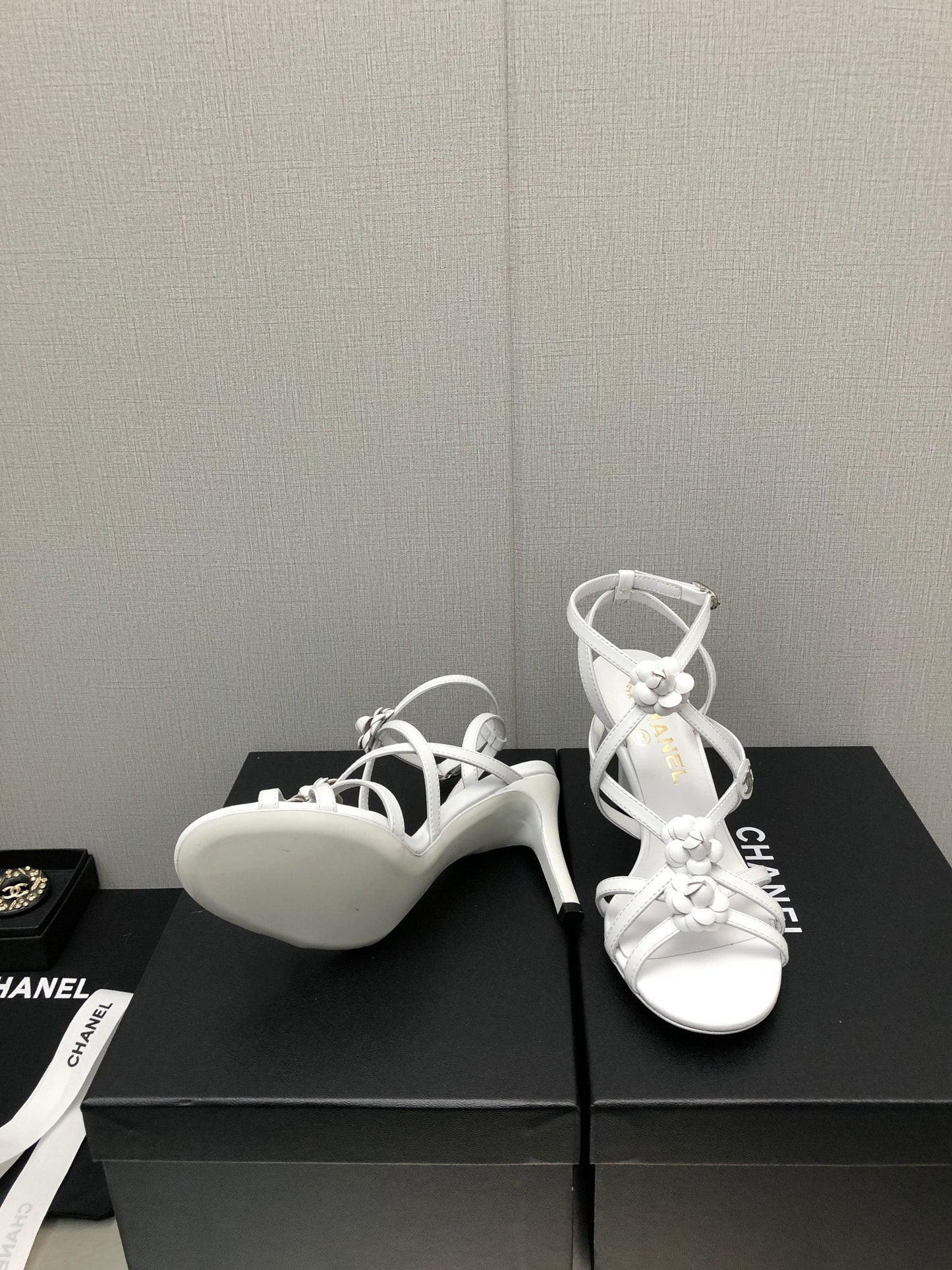 CHANEL FLORAL HIGH HEEL SANDAL IN WHITE LAMBSKIN