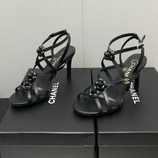 CHANEL FLORAL HIGH HEEL SANDAL IN BLACK LAMBSKIN