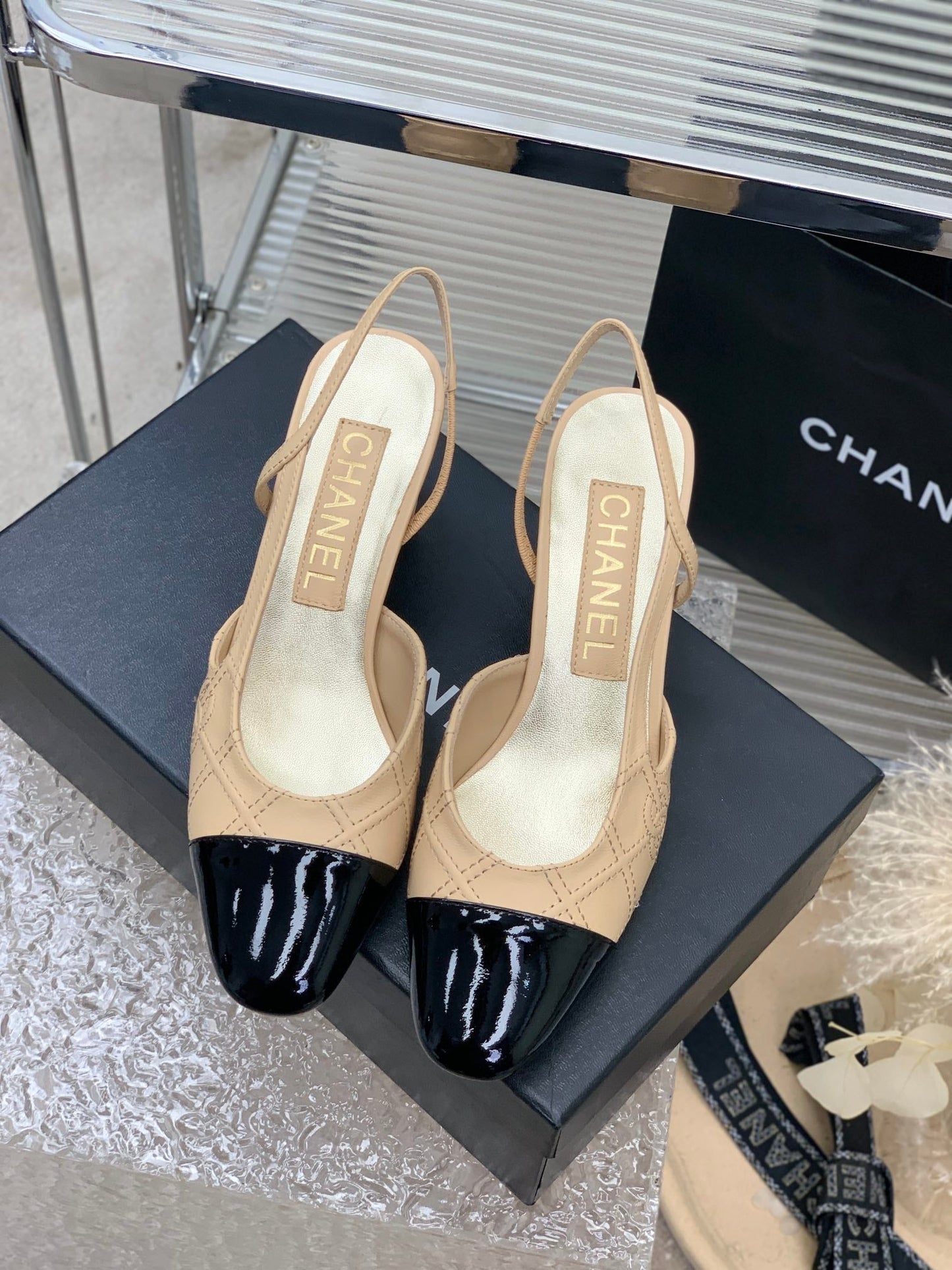 CHANEL HIGH SLINGBACKS 65 BEIGE CREAM MIX BLACK CALFSKIN