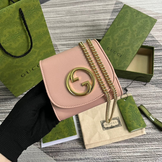 GUCCI BLONDIE INTERLOCK MINI SHOULDER BAG 12 IN LIGHT PINK CALFSKIN GOLD CHAIN