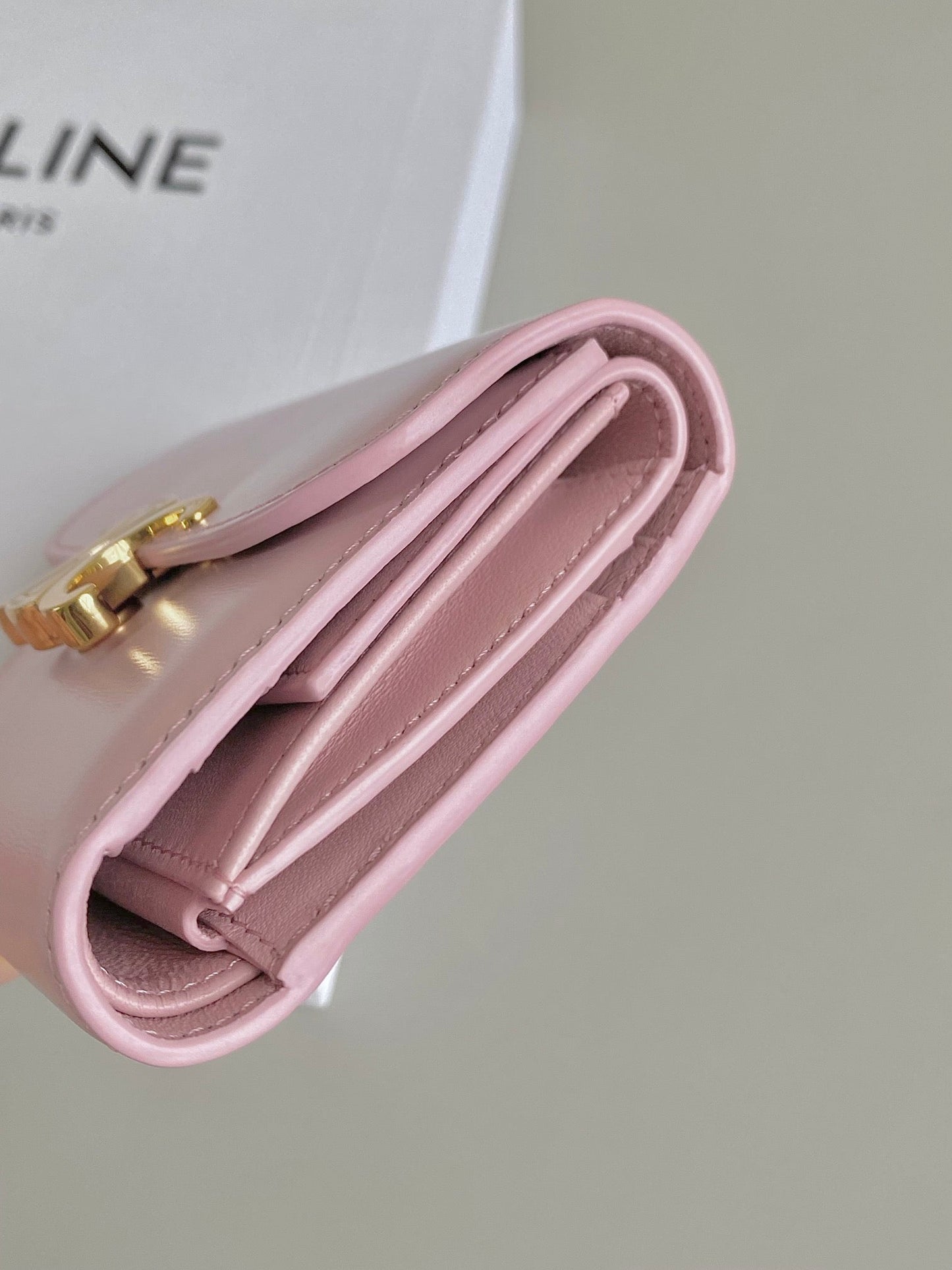 CELINE TRIPHOME 10 TRIFOLD WALLET CALFSKIN PINK PASTEL