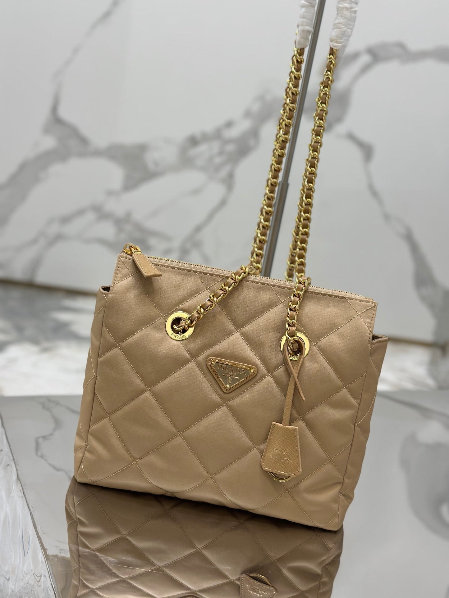 PRADA VINTAGE HOBO BAG 25 IN LIGHT FRENCH BEIGE QUILTED NYLON GOLD HARDWARE