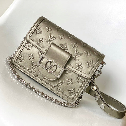 LOUIS VUITTON LV 25S MINI DAUPHINE BAG 20 IN BEIGE GRAY MOONOGRAM CALFSKIN SHIMMERING METALLIC GOLD