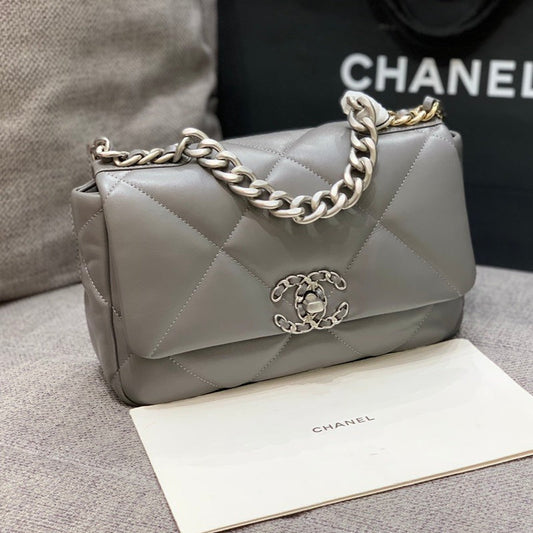 CHANEL 19 FLAP BAG 26 DARK GREY GOATSKIN SILVER HARDWARE