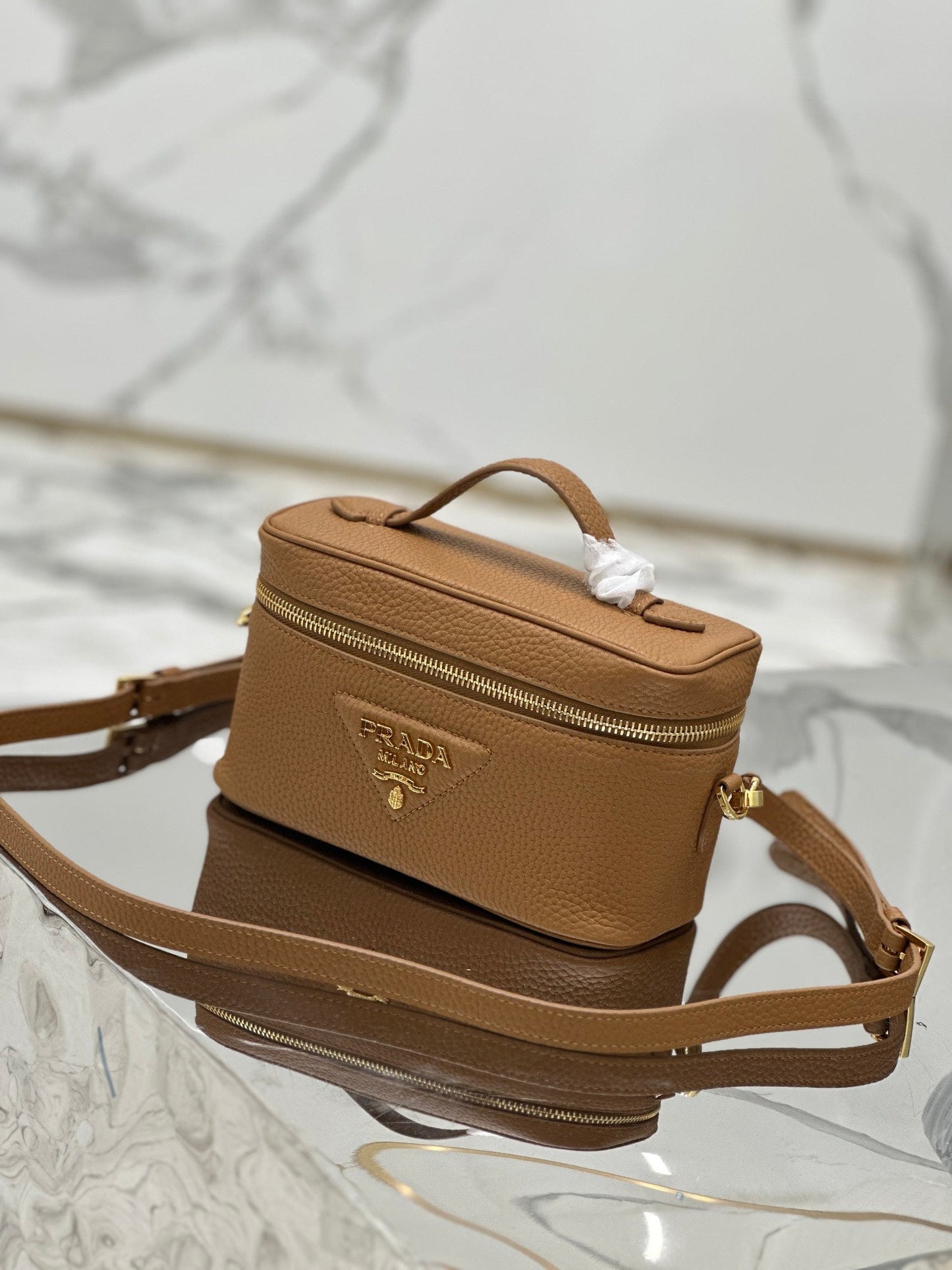 PRADA VANITY CASE 18 IN RUSSET BROWN GRAINED CALFSKIN GOLD HARDWARE