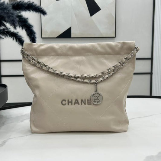 CHANEL MEDIUM 37 HANDBAG IN BEIGE CREAM CALFSKIN SILVER HARDWARE