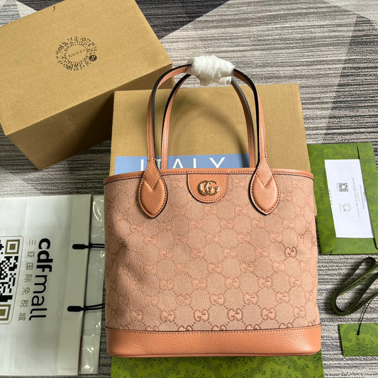 GUCCI OPHIDIA SMALL 25 TOTE BAG IN LIGHT PINK CANVAS