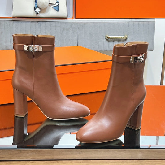 HERMES 25S SAINT GERMAIN ANKLE BOOTS 90 MM IN BROWN LAMBSKIN WITH SILVER HARDWARE