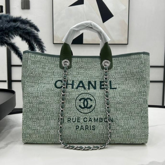 CHANEL DEAUVILLE LARGE 38 TOTE BAG IN LIGHT GREEN CANVAS