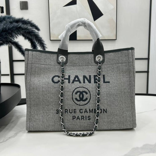 CHANEL DEAUVILLE LARGE 38 TOTE BAG IN GREY CANVAS WITH BLACK LOGO
