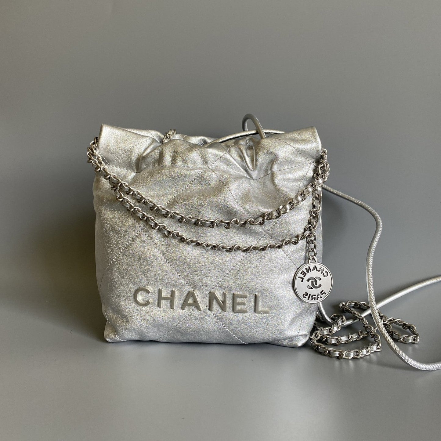 CHANEL HOBO MINI 20CM SILVER LAMBSKIN