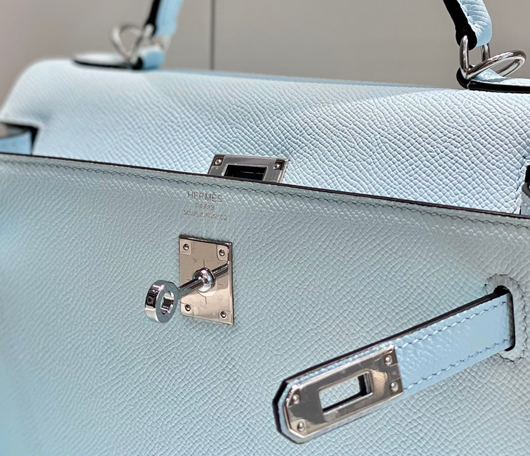 HERMES KELLY 25CM IN BLUE BRUME EPSOM CALFSKIN PALLADIUM HARDWARE
