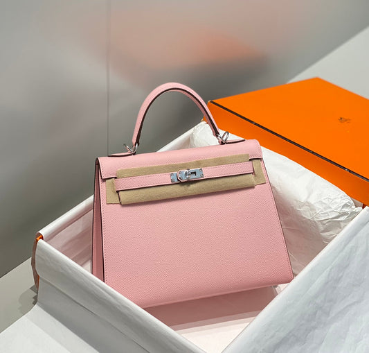 HERMES KELLY 25CM IN ROSE SAKURA SWIFT CALFSKIN SILVER HARDWARE