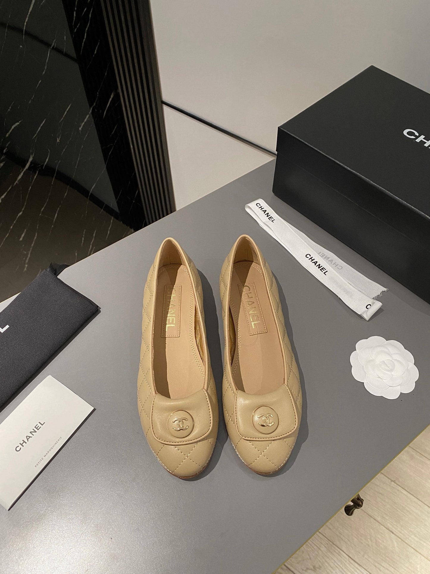 CHANEL BALLET FLAT BEIGE CREAM LAMBSKIN