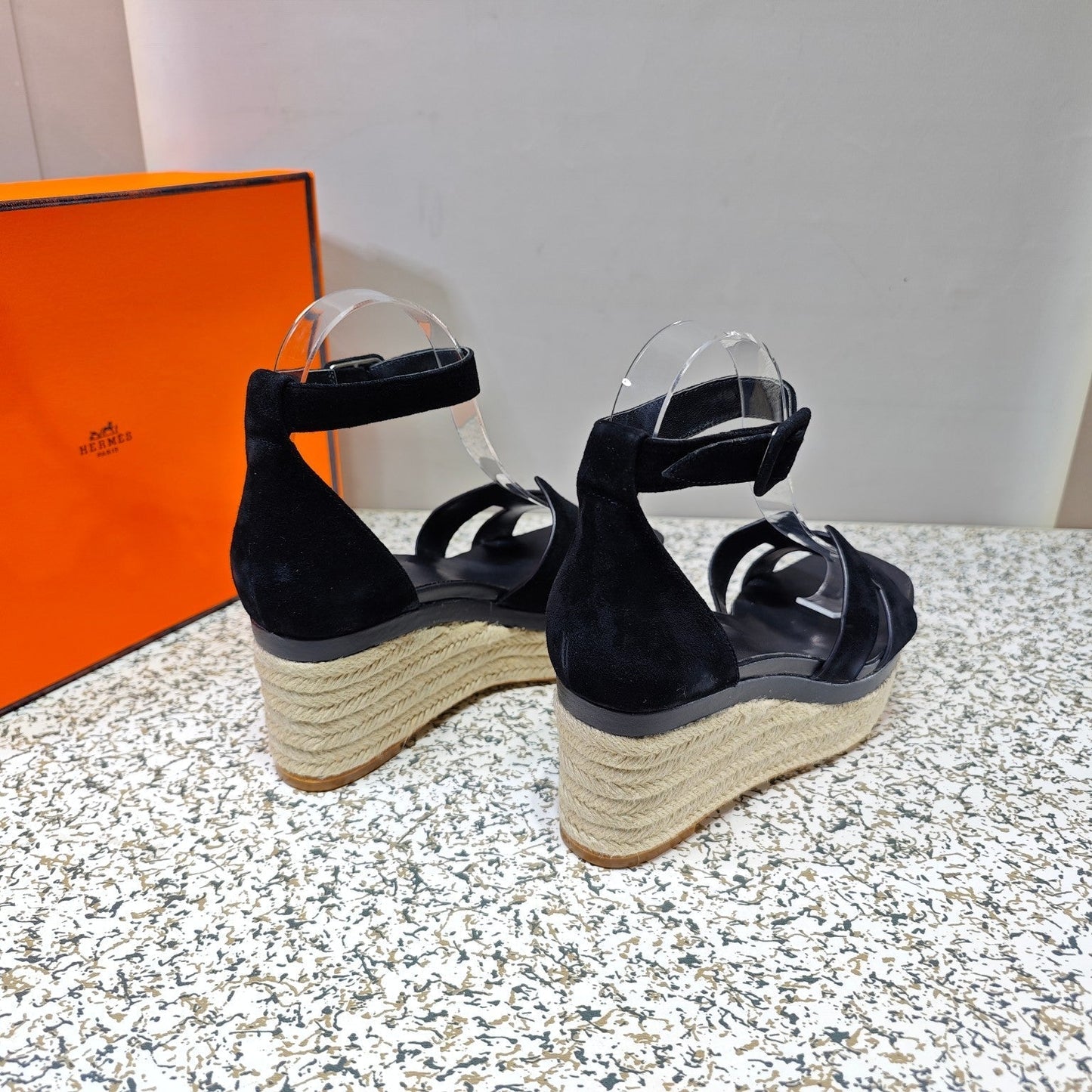 HERMES ELDA ESPADRILLE 80 BLACK SUEDE