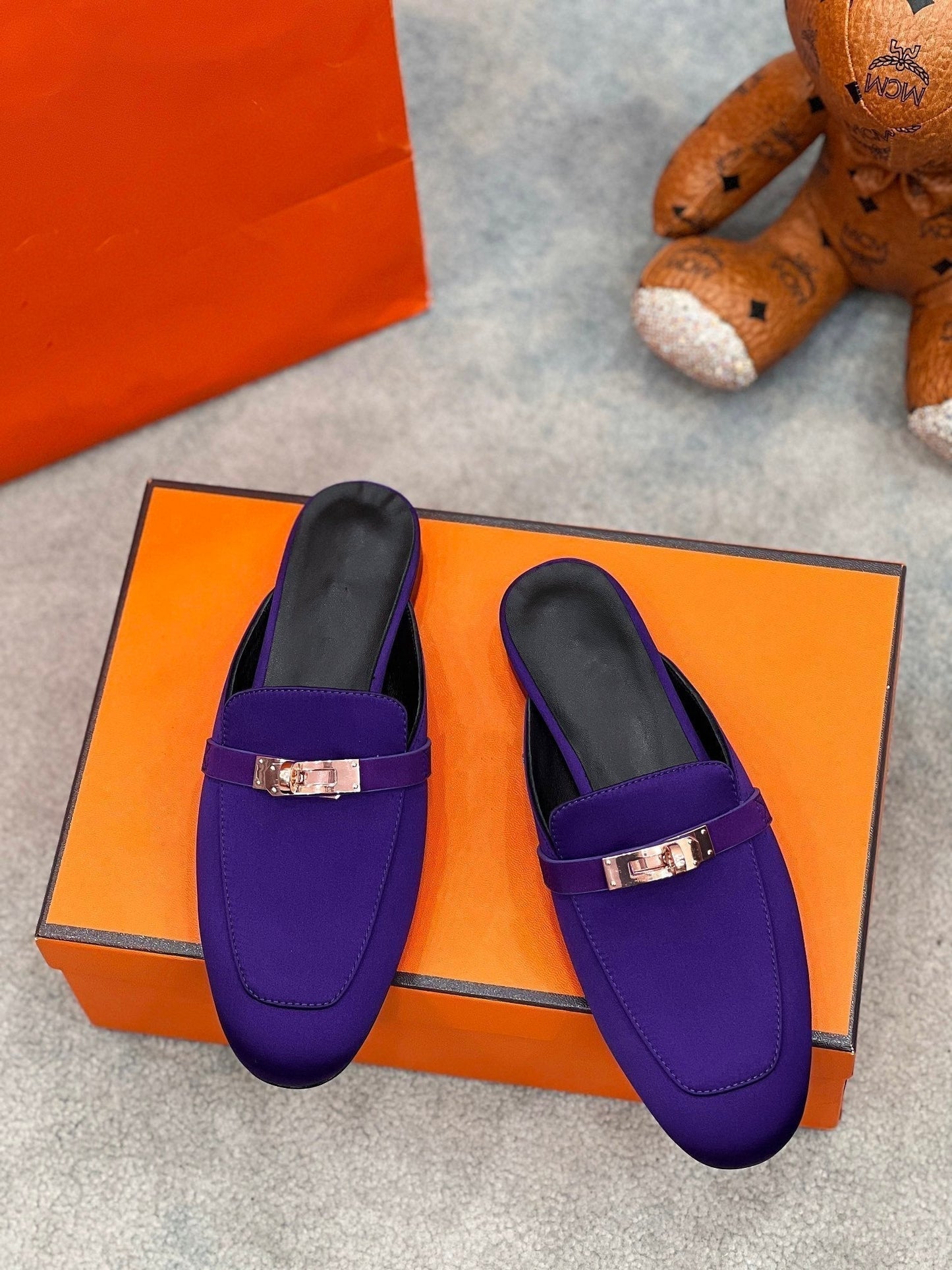 HERMES 0Z Mule Violet Silk Thick Cloth/Sheepskin