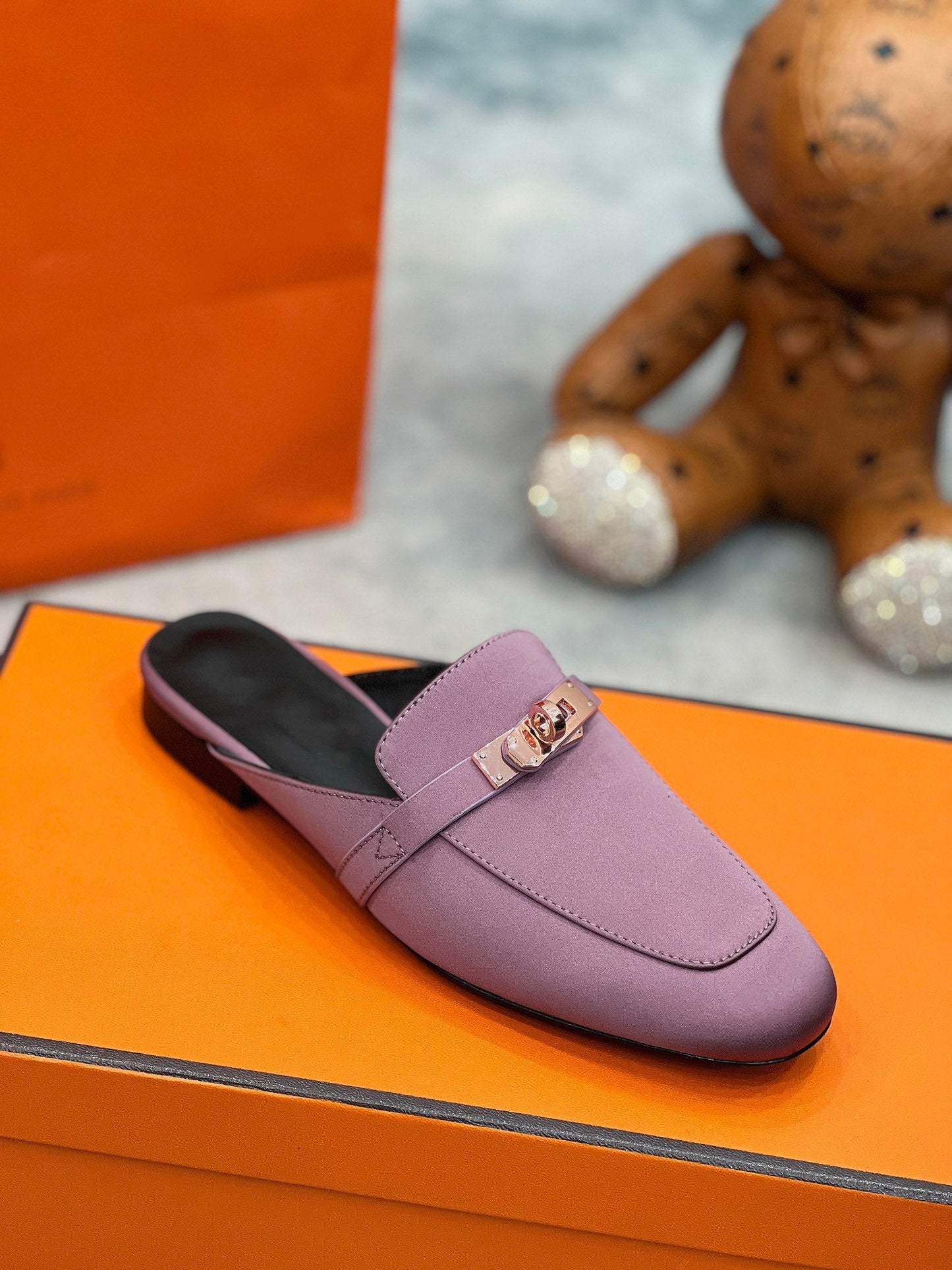 HERMES 0Z Mule Purple Silk Thick Cloth/Sheepskin