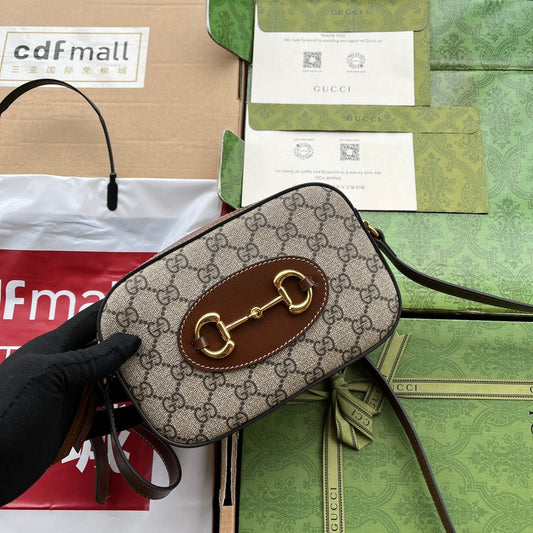 GUCCI HORSEBIT 1955 SMALL CAMERA BAG 20 IN BEIGE AND EBONY  BROWN CALFSKIN